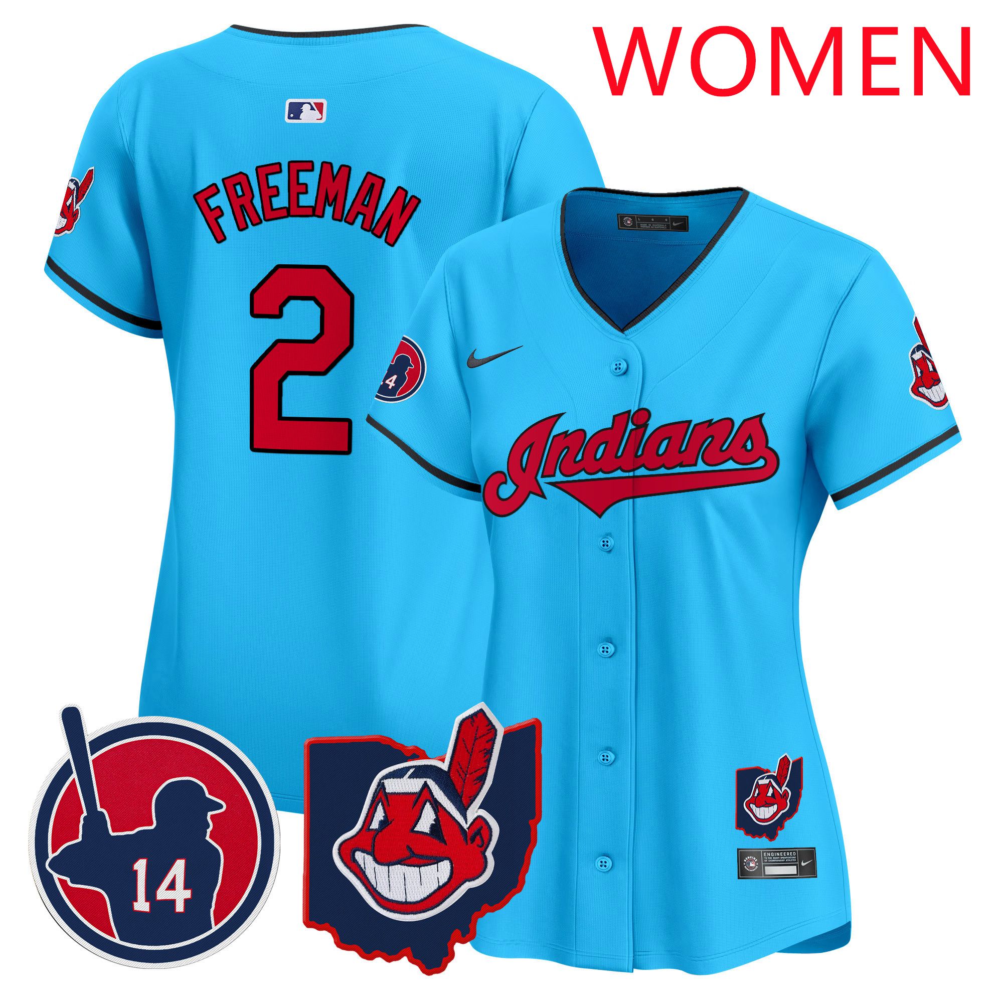 Women Cleveland Indians #2 Freeman Light Blue Nike 2025 Patch Vapor Premier Limited MLB Jersey